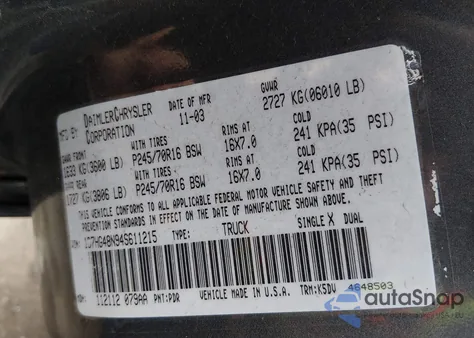 2004 Dodge Dakota Slt из США, поврежденный, VIN 1D7HG48N94S611215